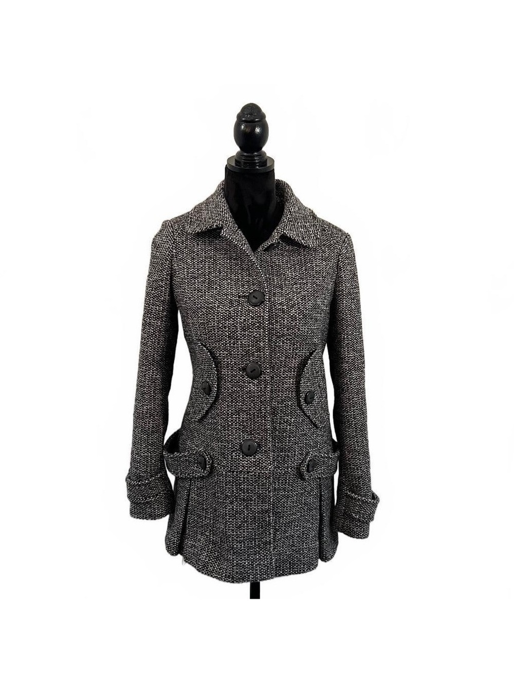 Y2K American Rag Gray Tweed Wool Pleated Skirt Button Up Coat